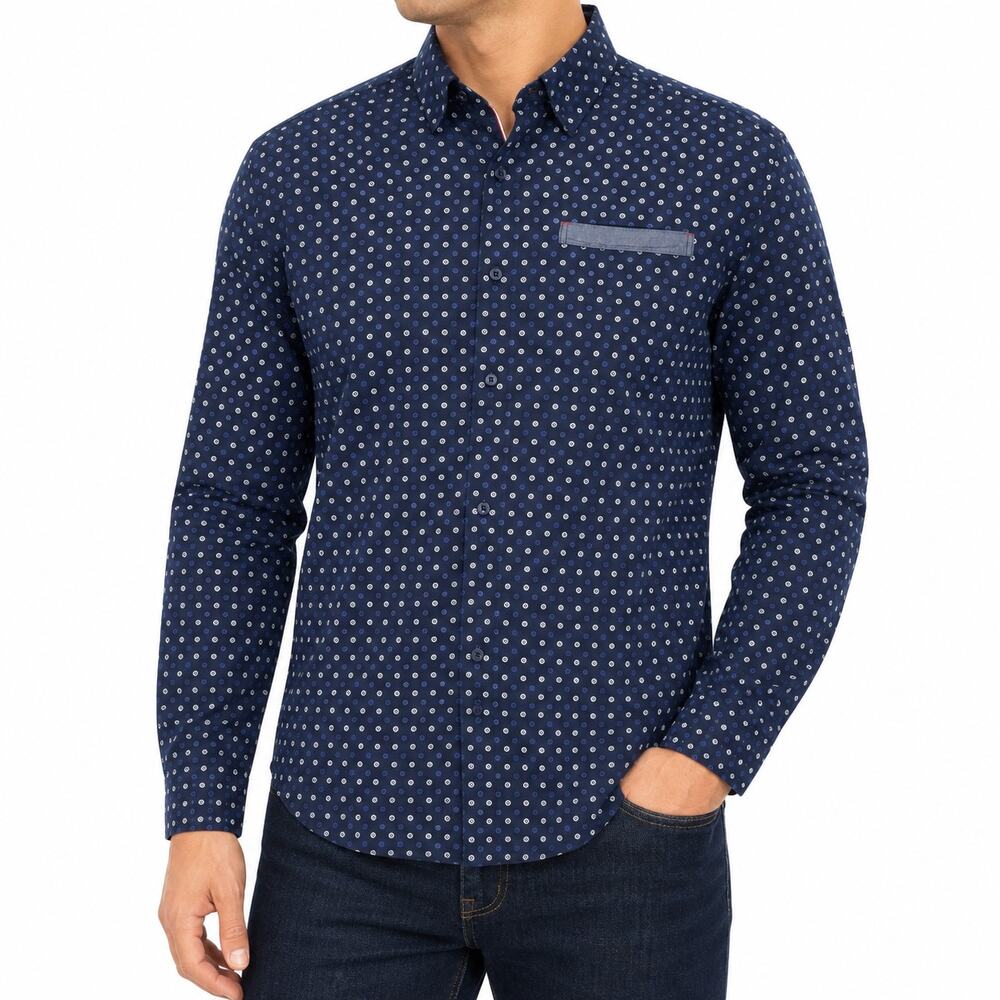 Silver Stone Shirt Mens Medium Blue Geometric Long Sleeve Classic Button-Up
